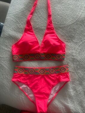 Neon Pink Two-Piece Bikini with Geo Trim